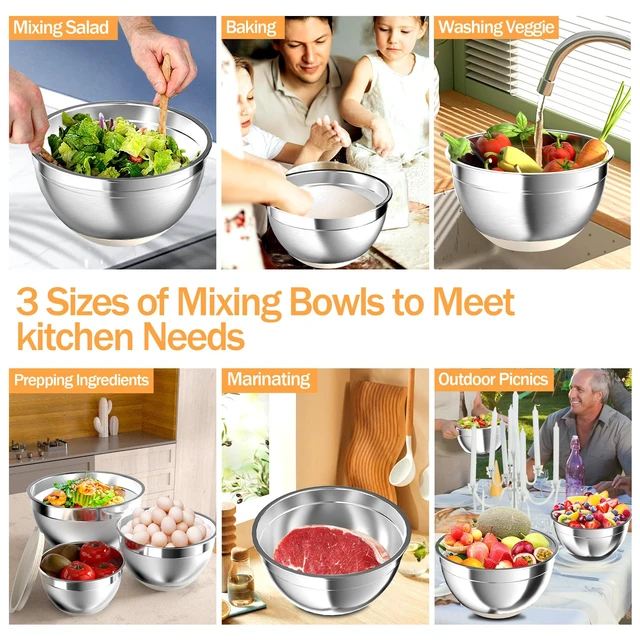 Alt view image 6 of 7 - Mixing Bowls with Airtight Lids, Stainless Steel Mixing Bowl Set with 3 Metal Nesting Bowls, Colander & Grater, Non-Slip Bottoms, Size 1.5, 2.5, 5 QT, Great for Mixing & Serving, Khaki