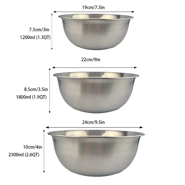 Alt view image 2 of 7 - Stainless Steel Mixing Bowl Thickened 3-Piece Set, Nested Flat Bottom 1.3QT (1200ml)/1.9QT (1800ml)/2.6QT (2500ml) Kitchen Food Storage Organizer for Baking, Salad Prep, Vegetable Washing (Silver)
