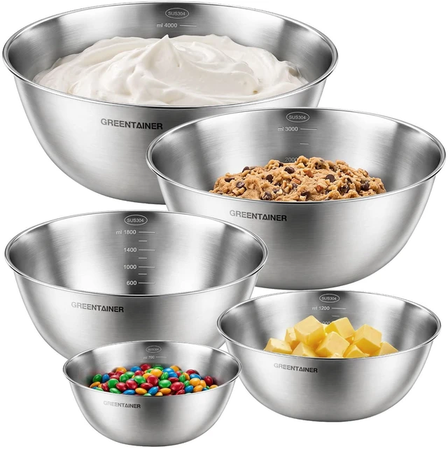 Main image of Stainless Steel Mixing Bowls Set of 5 (4.2/3.2/1.9/1.3/0.7 Qt) - Dishwasher Safe, Measurement Markings, Food-Grade 304 Metal Nesting Bowls for Kitchen Baking, Prepping, Cooking & Serving