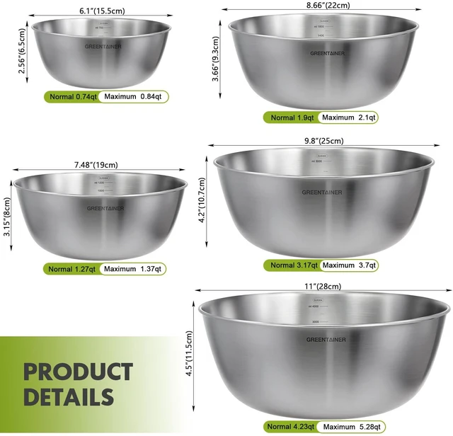 Alt view image 2 of 7 - Stainless Steel Mixing Bowls Set of 5 (4.2/3.2/1.9/1.3/0.7 Qt) - Dishwasher Safe, Measurement Markings, Food-Grade 304 Metal Nesting Bowls for Kitchen Baking, Prepping, Cooking & Serving