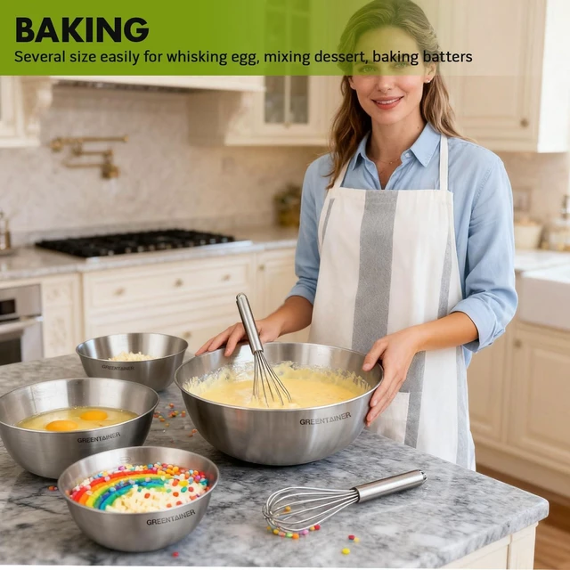 Alt view image 4 of 7 - Stainless Steel Mixing Bowls Set of 5 (4.2/3.2/1.9/1.3/0.7 Qt) - Dishwasher Safe, Measurement Markings, Food-Grade 304 Metal Nesting Bowls for Kitchen Baking, Prepping, Cooking & Serving
