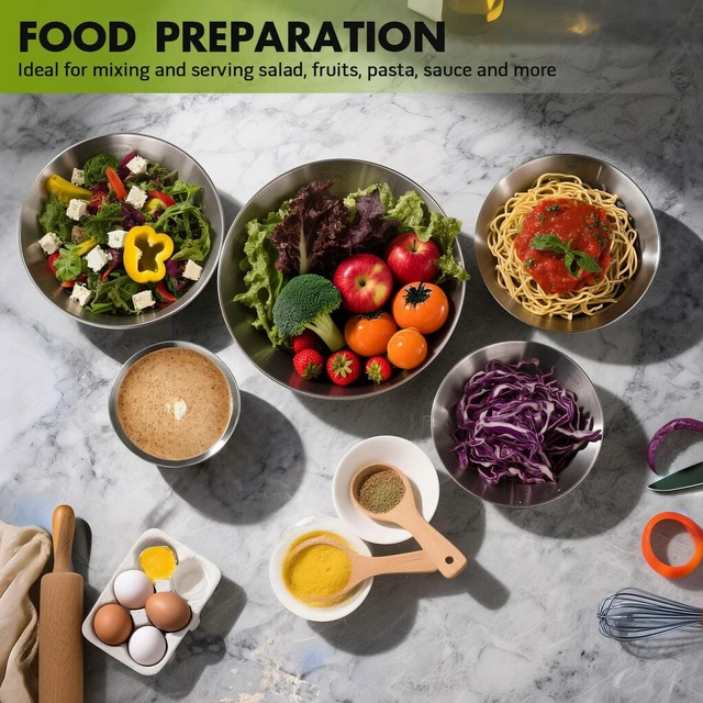 Alt view image 5 of 7 - Stainless Steel Mixing Bowls Set of 5 (4.2/3.2/1.9/1.3/0.7 Qt) - Dishwasher Safe, Measurement Markings, Food-Grade 304 Metal Nesting Bowls for Kitchen Baking, Prepping, Cooking & Serving