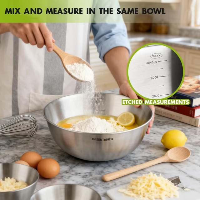 Alt view image 3 of 7 - Stainless Steel Mixing Bowls Set of 5 (4.2/3.2/1.9/1.3/0.7 Qt) - Dishwasher Safe, Measurement Markings, Food-Grade 304 Metal Nesting Bowls for Kitchen Baking, Prepping, Cooking & Serving