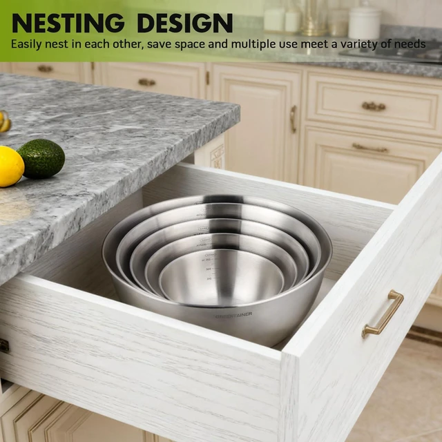 Alt view image 7 of 7 - Stainless Steel Mixing Bowls Set of 5 (4.2/3.2/1.9/1.3/0.7 Qt) - Dishwasher Safe, Measurement Markings, Food-Grade 304 Metal Nesting Bowls for Kitchen Baking, Prepping, Cooking & Serving