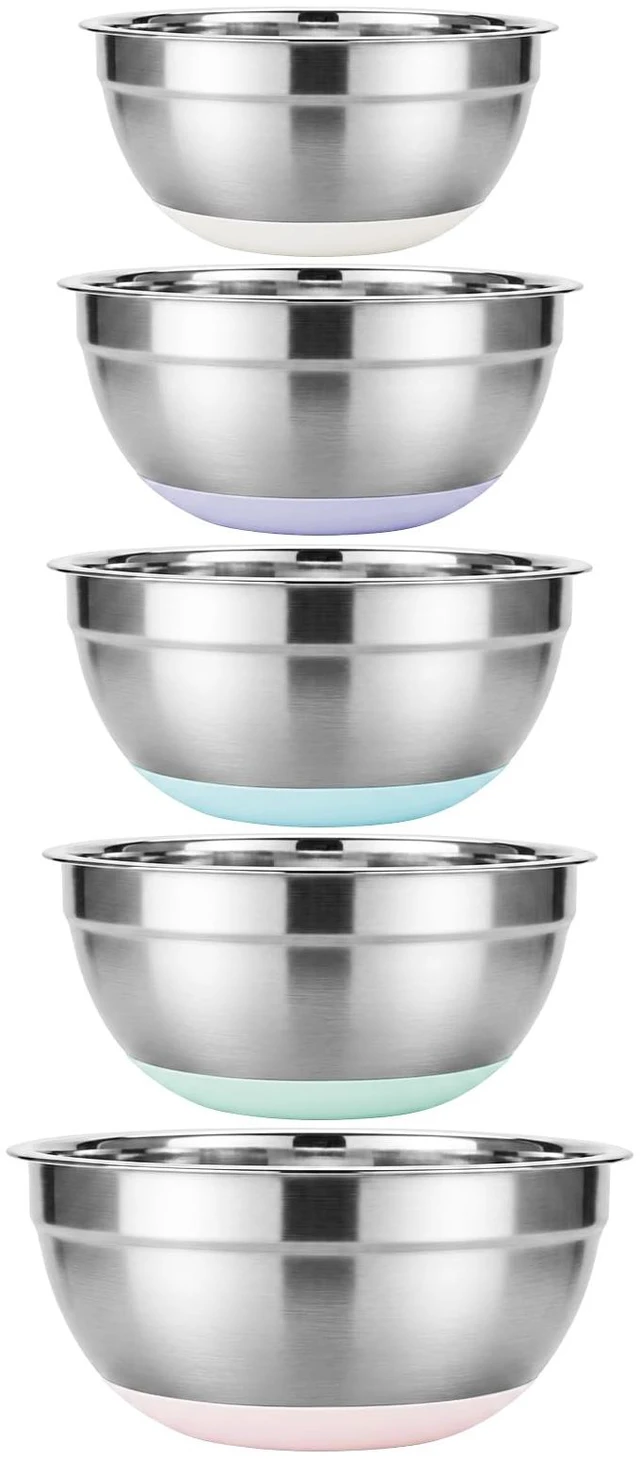 Main image of 5PCS Stainless Steel Mixing Bowls Set With Non-Slip Silicone Base | 1.5/2/2.5/3.4/5.3Qt, Nesting Space Saving, Dishwasher Safe, Metal Prep Bowl For Mixing Baking, Serving, Kitchen Food Storage
