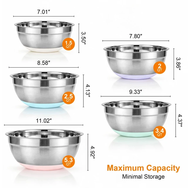 Alt view image 2 of 7 - 5PCS Stainless Steel Mixing Bowls Set With Non-Slip Silicone Base | 1.5/2/2.5/3.4/5.3Qt, Nesting Space Saving, Dishwasher Safe, Metal Prep Bowl For Mixing Baking, Serving, Kitchen Food Storage