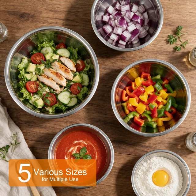 Alt view image 3 of 7 - 5PCS Stainless Steel Mixing Bowls Set With Non-Slip Silicone Base | 1.5/2/2.5/3.4/5.3Qt, Nesting Space Saving, Dishwasher Safe, Metal Prep Bowl For Mixing Baking, Serving, Kitchen Food Storage