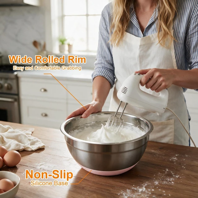 Alt view image 4 of 7 - 5PCS Stainless Steel Mixing Bowls Set With Non-Slip Silicone Base | 1.5/2/2.5/3.4/5.3Qt, Nesting Space Saving, Dishwasher Safe, Metal Prep Bowl For Mixing Baking, Serving, Kitchen Food Storage