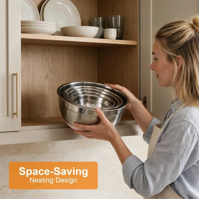 Alt view image 5 of 7 - 5PCS Stainless Steel Mixing Bowls Set With Non-Slip Silicone Base | 1.5/2/2.5/3.4/5.3Qt, Nesting Space Saving, Dishwasher Safe, Metal Prep Bowl For Mixing Baking, Serving, Kitchen Food Storage