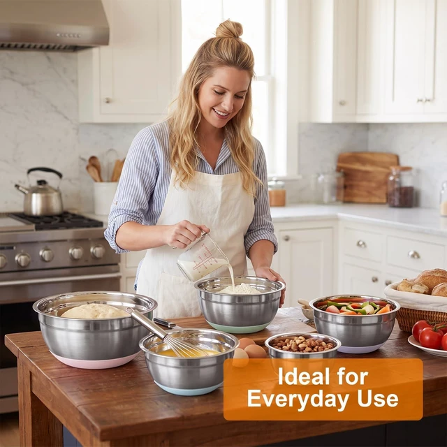 Alt view image 7 of 7 - 5PCS Stainless Steel Mixing Bowls Set With Non-Slip Silicone Base | 1.5/2/2.5/3.4/5.3Qt, Nesting Space Saving, Dishwasher Safe, Metal Prep Bowl For Mixing Baking, Serving, Kitchen Food Storage