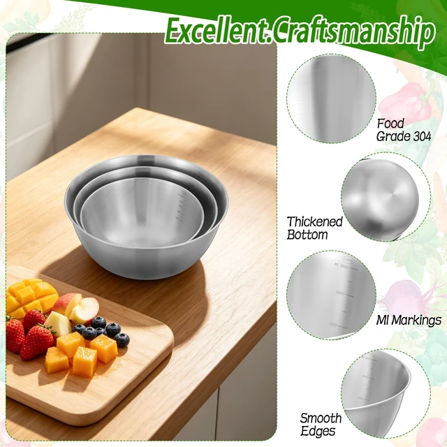 Alt view image 4 of 7 - 3 Pcs Stainless Steel Mixing Bowls Metal Mixing Bowl Set 1.5/ 2.2/ 3.4 Qt | 304 Metal Nesting Prep Bowls, Nesting Set For Food Prep, Kitchen, Cooking, Baking, Salad, Serving, Dishwasher Safe
