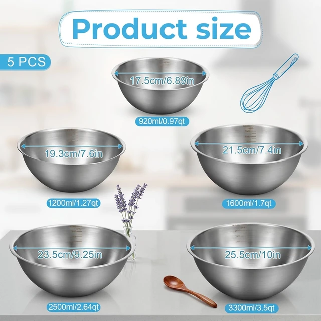 Alt view image 2 of 7 - 5 Pack Stainless Steel Mixing Bowls with Marks, Heavy Duty Nesting Bowls Set, Food Grade 304, Dishwasher Safe & Stackable for Cooking, Baking, Prepping (1, 1-1/2, 2, 2-1/2, 3-1/2 QT)