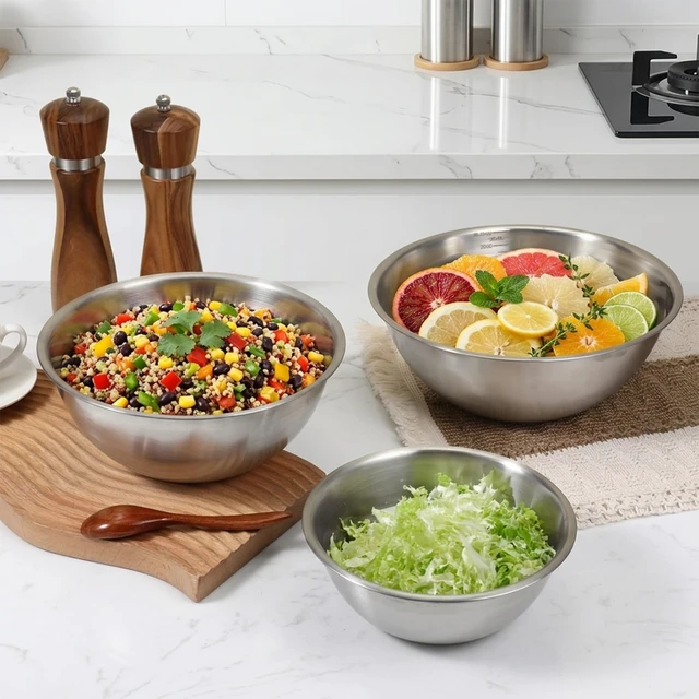 Alt view image 3 of 7 - 5 Pack Stainless Steel Mixing Bowls with Marks, Heavy Duty Nesting Bowls Set, Food Grade 304, Dishwasher Safe & Stackable for Cooking, Baking, Prepping (1, 1-1/2, 2, 2-1/2, 3-1/2 QT)