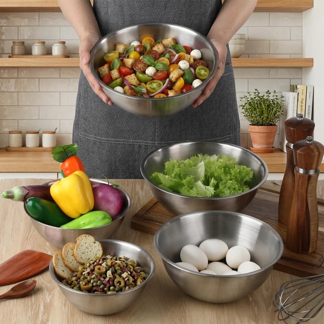 Alt view image 4 of 7 - 5 Pack Stainless Steel Mixing Bowls with Marks, Heavy Duty Nesting Bowls Set, Food Grade 304, Dishwasher Safe & Stackable for Cooking, Baking, Prepping (1, 1-1/2, 2, 2-1/2, 3-1/2 QT)