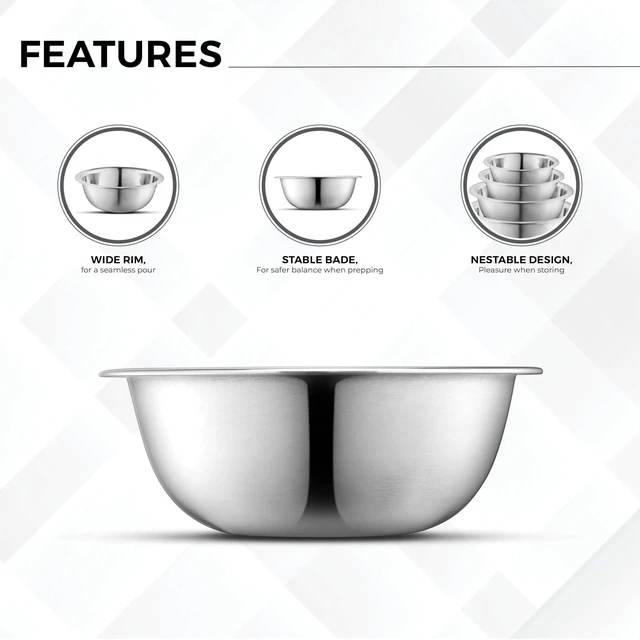 Alt view image 4 of 5 - Premium Stainless Steel Mixing Bowls, Set of 5 Brushed Stainless Steel Mixing Bowl Set, Easy To Clean, Space Saving, Great for Cooking, Baking, Prepping (5 Pc Mixing Bowl)