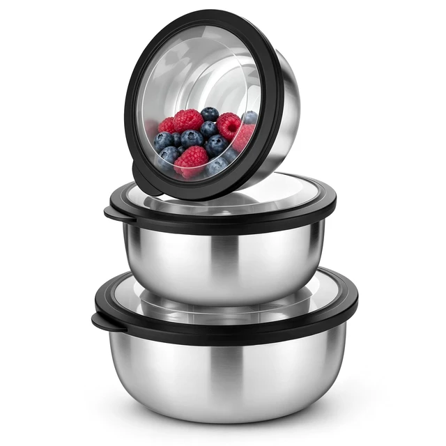 Main image of Mixing Bowls with Lids Set of 3, Black Stainless Steel Salad Bowl | Nesting Bowls For Baking Cooking Serving Prepping, Wide Bowl & Airtight Lid, Size 1.75, 3.2, 5.5 Qt, Oven & Dishwasher Safe