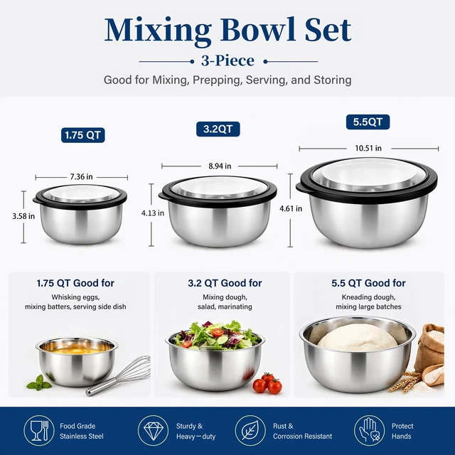 Alt view image 2 of 7 - Mixing Bowls with Lids Set of 3, Black Stainless Steel Salad Bowl | Nesting Bowls For Baking Cooking Serving Prepping, Wide Bowl & Airtight Lid, Size 1.75, 3.2, 5.5 Qt, Oven & Dishwasher Safe