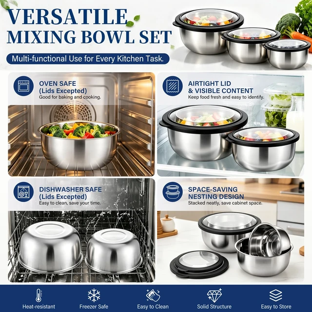 Alt view image 6 of 7 - Mixing Bowls with Lids Set of 3, Black Stainless Steel Salad Bowl | Nesting Bowls For Baking Cooking Serving Prepping, Wide Bowl & Airtight Lid, Size 1.75, 3.2, 5.5 Qt, Oven & Dishwasher Safe
