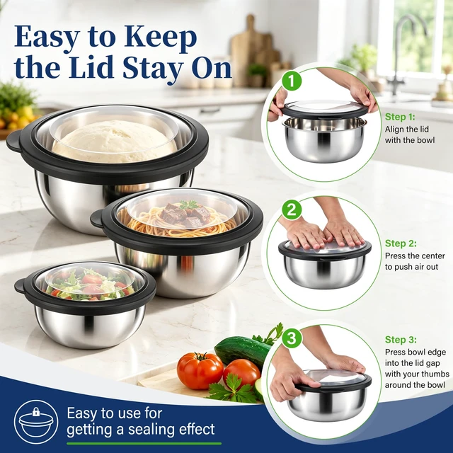 Alt view image 7 of 7 - Mixing Bowls with Lids Set of 3, Black Stainless Steel Salad Bowl | Nesting Bowls For Baking Cooking Serving Prepping, Wide Bowl & Airtight Lid, Size 1.75, 3.2, 5.5 Qt, Oven & Dishwasher Safe