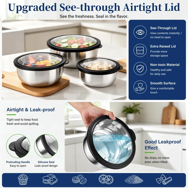 Alt view image 4 of 7 - Mixing Bowls with Lids Set of 3, Black Stainless Steel Salad Bowl | Nesting Bowls For Baking Cooking Serving Prepping, Wide Bowl & Airtight Lid, Size 1.75, 3.2, 5.5 Qt, Oven & Dishwasher Safe