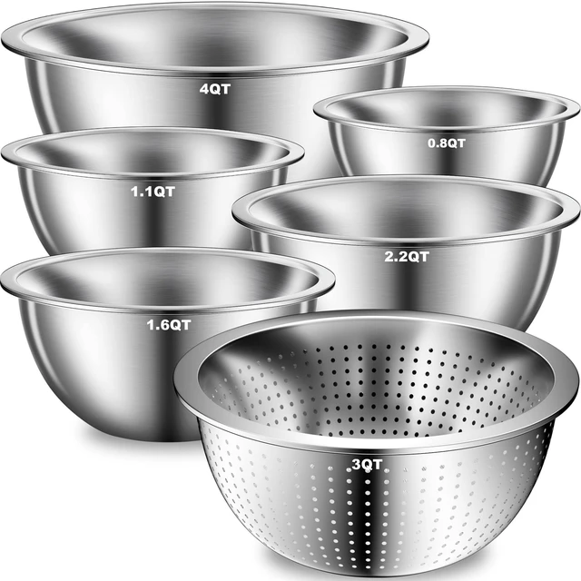 Main image of Kitchen Gadgets, Stainless Steel Mixing Bowls & Colander Strainer | Home & kitchen essentials for cooking, 5 nesting metal bowls with strainer for salad, baking & serving, dishwasher safe