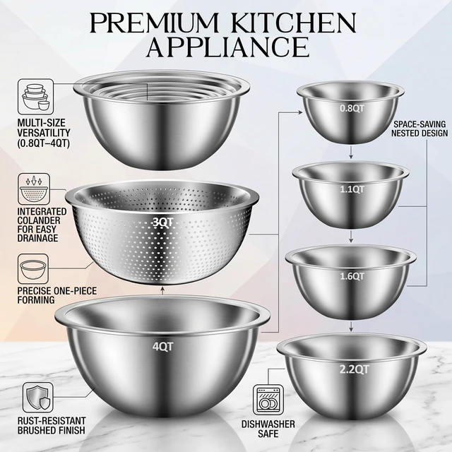 Alt view image 2 of 7 - Kitchen Gadgets, Stainless Steel Mixing Bowls & Colander Strainer | Home & kitchen essentials for cooking, 5 nesting metal bowls with strainer for salad, baking & serving, dishwasher safe