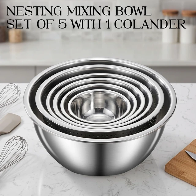 Alt view image 5 of 7 - Kitchen Gadgets, Stainless Steel Mixing Bowls & Colander Strainer | Home & kitchen essentials for cooking, 5 nesting metal bowls with strainer for salad, baking & serving, dishwasher safe