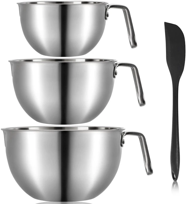 Main image of 3 Pieces 304 Stainless Steel Mixing Bowls, 1.3/2.1/2.6 Quart Mixing Bowl Set with Handle, Pour Spouts & Measurement Marks, Metal Nesting Bowls with Silicone Spatula for Baking Cooking