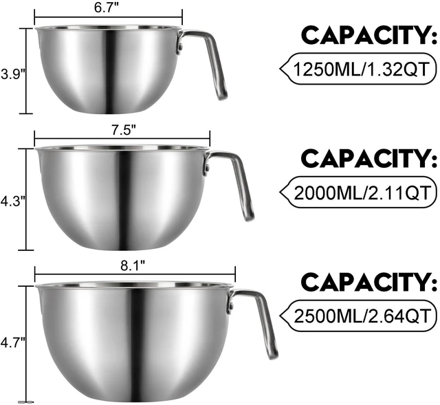 Alt view image 2 of 7 - 3 Pieces 304 Stainless Steel Mixing Bowls, 1.3/2.1/2.6 Quart Mixing Bowl Set with Handle, Pour Spouts & Measurement Marks, Metal Nesting Bowls with Silicone Spatula for Baking Cooking