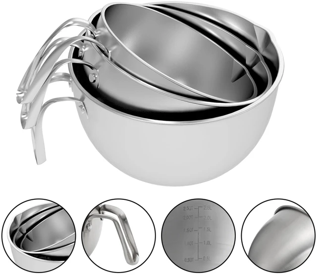 Alt view image 3 of 7 - 3 Pieces 304 Stainless Steel Mixing Bowls, 1.3/2.1/2.6 Quart Mixing Bowl Set with Handle, Pour Spouts & Measurement Marks, Metal Nesting Bowls with Silicone Spatula for Baking Cooking