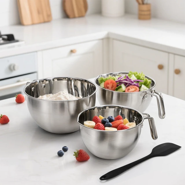 Alt view image 6 of 7 - 3 Pieces 304 Stainless Steel Mixing Bowls, 1.3/2.1/2.6 Quart Mixing Bowl Set with Handle, Pour Spouts & Measurement Marks, Metal Nesting Bowls with Silicone Spatula for Baking Cooking