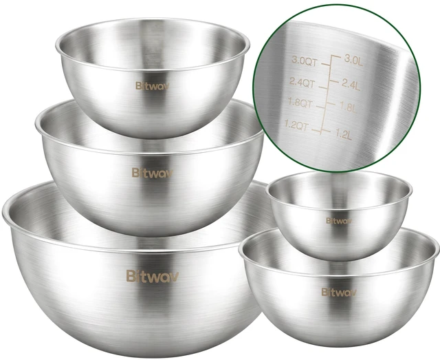 Main image of 304 Stainless Steel Mixing Bowls Set of 5, 1.1/1.6/1.9/2.5/3.5 QT Food Grade Metal Bowls with Measurement Marks, Dishwasher Safe & Stackable Nesting for Baking, Salads, Meal Prep, RV & Camping