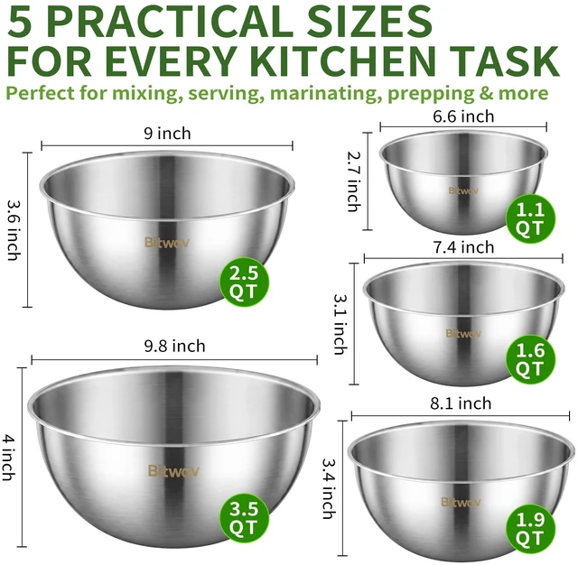 Alt view image 2 of 7 - 304 Stainless Steel Mixing Bowls Set of 5, 1.1/1.6/1.9/2.5/3.5 QT Food Grade Metal Bowls with Measurement Marks, Dishwasher Safe & Stackable Nesting for Baking, Salads, Meal Prep, RV & Camping