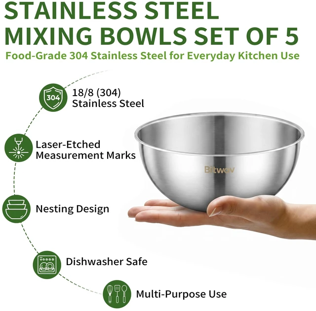 Alt view image 3 of 7 - 304 Stainless Steel Mixing Bowls Set of 5, 1.1/1.6/1.9/2.5/3.5 QT Food Grade Metal Bowls with Measurement Marks, Dishwasher Safe & Stackable Nesting for Baking, Salads, Meal Prep, RV & Camping