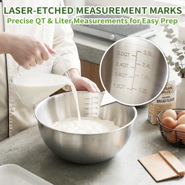 Alt view image 5 of 7 - 304 Stainless Steel Mixing Bowls Set of 5, 1.1/1.6/1.9/2.5/3.5 QT Food Grade Metal Bowls with Measurement Marks, Dishwasher Safe & Stackable Nesting for Baking, Salads, Meal Prep, RV & Camping
