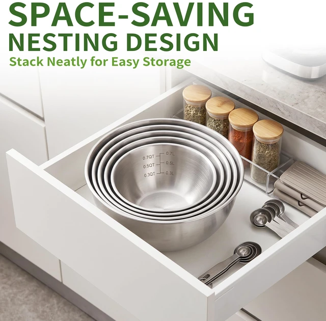 Alt view image 6 of 7 - 304 Stainless Steel Mixing Bowls Set of 5, 1.1/1.6/1.9/2.5/3.5 QT Food Grade Metal Bowls with Measurement Marks, Dishwasher Safe & Stackable Nesting for Baking, Salads, Meal Prep, RV & Camping