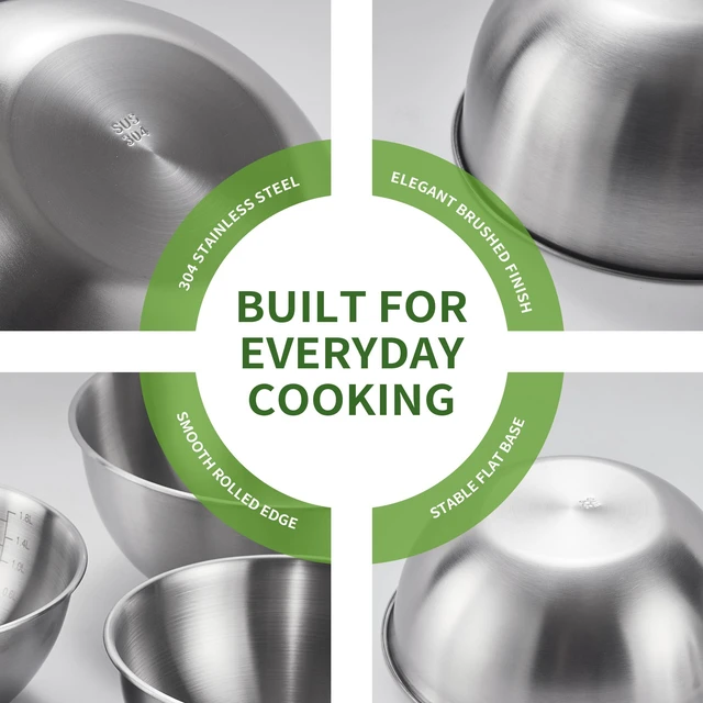 Alt view image 4 of 7 - 304 Stainless Steel Mixing Bowls Set of 5, 1.1/1.6/1.9/2.5/3.5 QT Food Grade Metal Bowls with Measurement Marks, Dishwasher Safe & Stackable Nesting for Baking, Salads, Meal Prep, RV & Camping