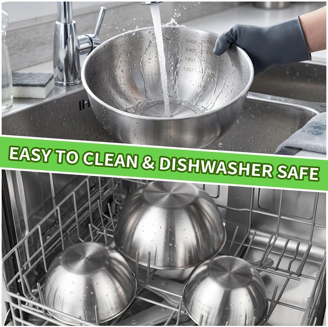 Alt view image 7 of 7 - 304 Stainless Steel Mixing Bowls Set of 5, 1.1/1.6/1.9/2.5/3.5 QT Food Grade Metal Bowls with Measurement Marks, Dishwasher Safe & Stackable Nesting for Baking, Salads, Meal Prep, RV & Camping