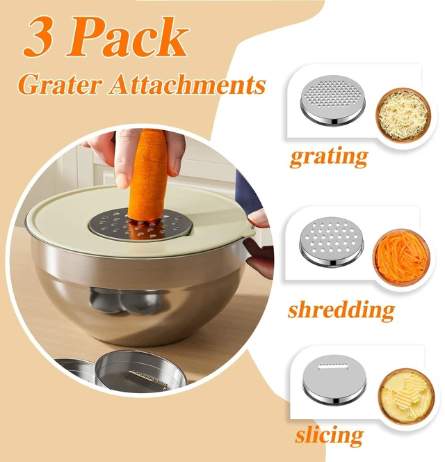 Alt view image 3 of 7 - Mixing Bowls with Lids Set, 6 PCS Stainless Steel Mixing Bowls with 3 Grater Attachments, Kitchen Food Storage Organizers Nesting Mixing Bowl, Large Size 4.5, 3.5, 2.1, 1.5, 1.1, 0.7QT