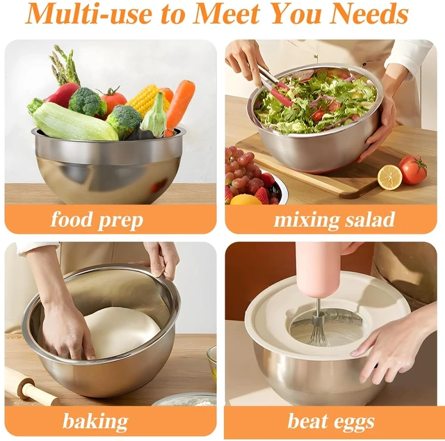 Alt view image 4 of 7 - Mixing Bowls with Lids Set, 6 PCS Stainless Steel Mixing Bowls with 3 Grater Attachments, Kitchen Food Storage Organizers Nesting Mixing Bowl, Large Size 4.5, 3.5, 2.1, 1.5, 1.1, 0.7QT