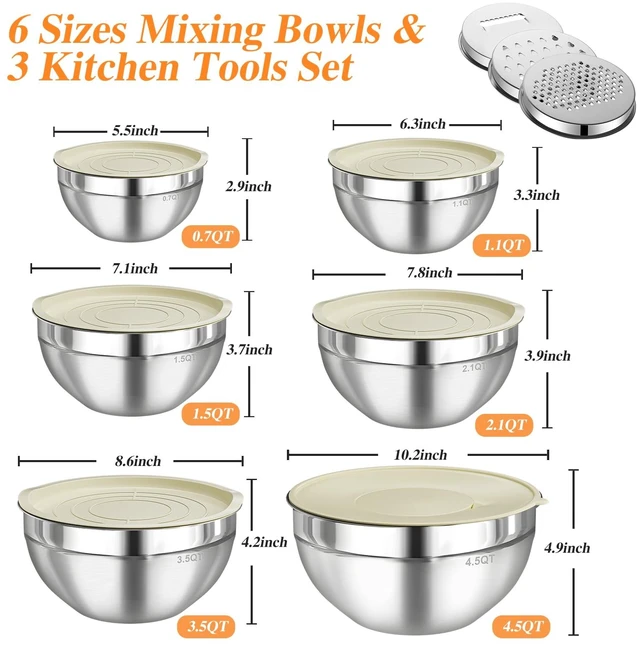 Alt view image 5 of 7 - Mixing Bowls with Lids Set, 6 PCS Stainless Steel Mixing Bowls with 3 Grater Attachments, Kitchen Food Storage Organizers Nesting Mixing Bowl, Large Size 4.5, 3.5, 2.1, 1.5, 1.1, 0.7QT