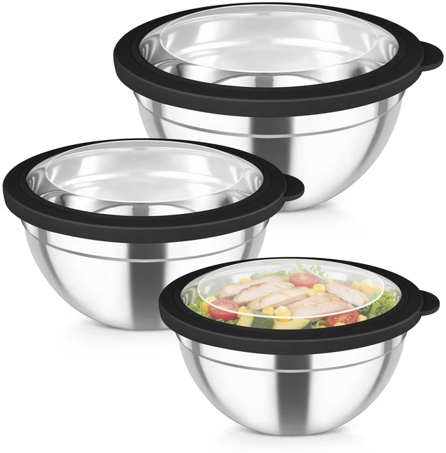 Main image of Mixing Bowls, 4.5/3/1.5 QT Stainless Steel Nesting Salad Bowls | with Airtight Lids, For Serving/Mixing/Storing/Prepping, Non-Toxic & Sturdy, Visible & Easy Clean, Black, Set of 3