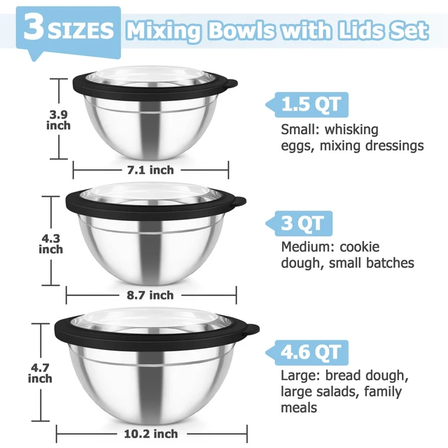 Alt view image 2 of 7 - Mixing Bowls, 4.5/3/1.5 QT Stainless Steel Nesting Salad Bowls | with Airtight Lids, For Serving/Mixing/Storing/Prepping, Non-Toxic & Sturdy, Visible & Easy Clean, Black, Set of 3