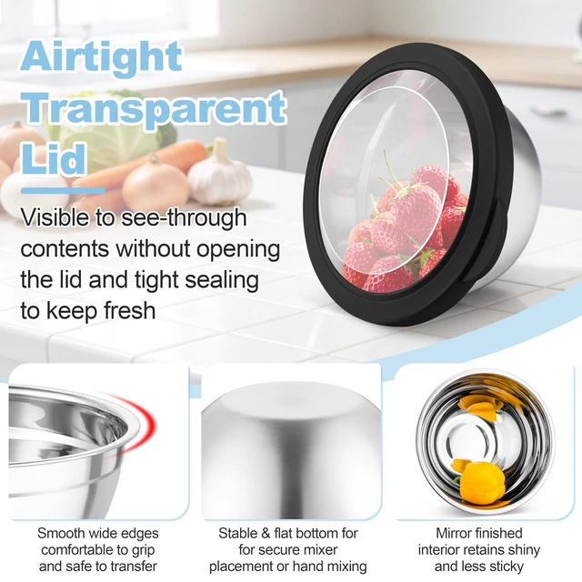 Alt view image 3 of 7 - Mixing Bowls, 4.5/3/1.5 QT Stainless Steel Nesting Salad Bowls | with Airtight Lids, For Serving/Mixing/Storing/Prepping, Non-Toxic & Sturdy, Visible & Easy Clean, Black, Set of 3
