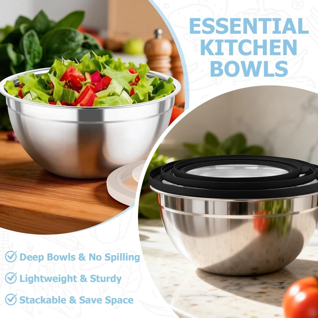 Alt view image 7 of 7 - Mixing Bowls, 4.5/3/1.5 QT Stainless Steel Nesting Salad Bowls | with Airtight Lids, For Serving/Mixing/Storing/Prepping, Non-Toxic & Sturdy, Visible & Easy Clean, Black, Set of 3