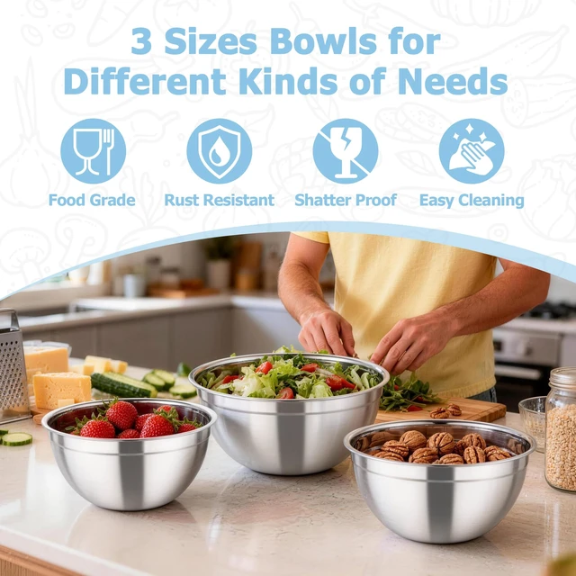 Alt view image 5 of 7 - Mixing Bowls, 4.5/3/1.5 QT Stainless Steel Nesting Salad Bowls | with Airtight Lids, For Serving/Mixing/Storing/Prepping, Non-Toxic & Sturdy, Visible & Easy Clean, Black, Set of 3