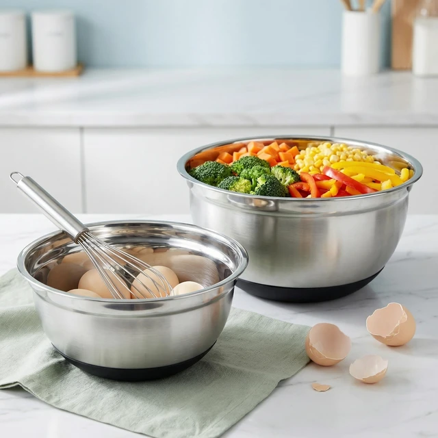 Alt view image 2 of 7 - 3-Piece Black Stainless Steel Mixing Bowls Set with Non-Slip Silicone Base | 2.3/2.9/4.75Qt Nesting Food Grade Bowls, Dishwasher Safe, Ideal for Baking, Meal Prep, Salad and Food Storage