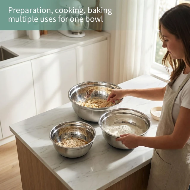 Alt view image 3 of 7 - 3-Piece Black Stainless Steel Mixing Bowls Set with Non-Slip Silicone Base | 2.3/2.9/4.75Qt Nesting Food Grade Bowls, Dishwasher Safe, Ideal for Baking, Meal Prep, Salad and Food Storage