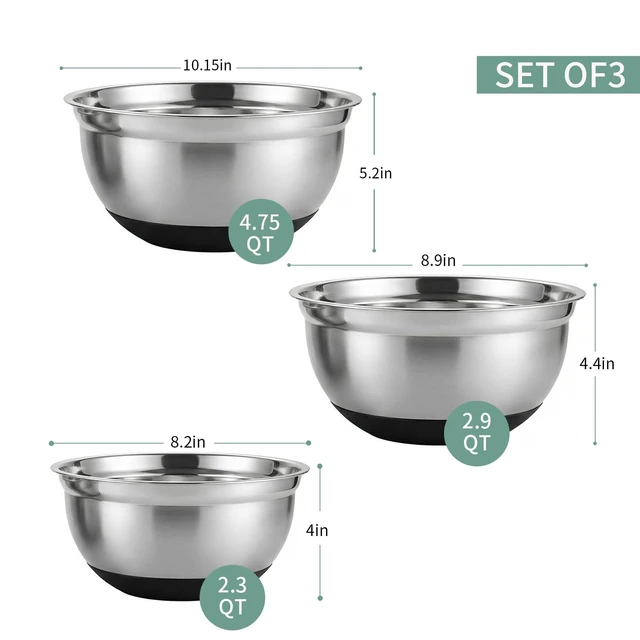 Alt view image 5 of 7 - 3-Piece Black Stainless Steel Mixing Bowls Set with Non-Slip Silicone Base | 2.3/2.9/4.75Qt Nesting Food Grade Bowls, Dishwasher Safe, Ideal for Baking, Meal Prep, Salad and Food Storage