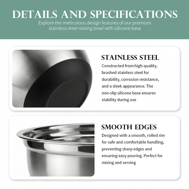 Alt view image 7 of 7 - 3-Piece Black Stainless Steel Mixing Bowls Set with Non-Slip Silicone Base | 2.3/2.9/4.75Qt Nesting Food Grade Bowls, Dishwasher Safe, Ideal for Baking, Meal Prep, Salad and Food Storage